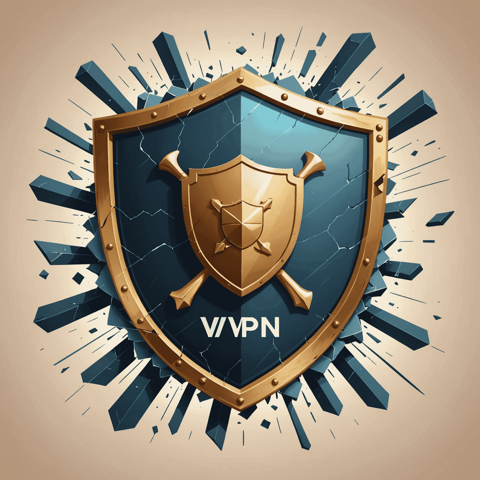 Illustration of common VPN myths being shattered, showing a shield with misconceptions written on it being broken apart