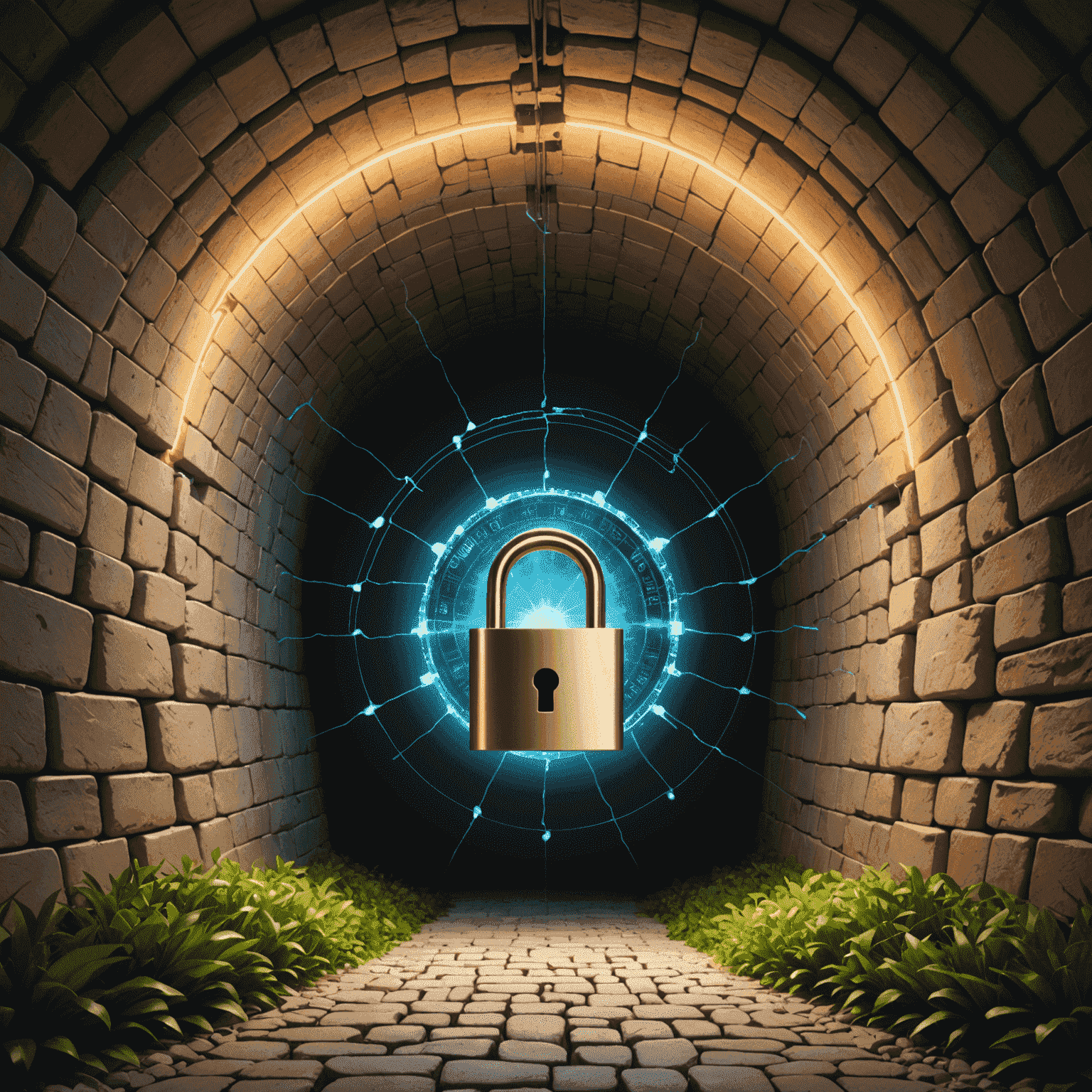 A visual representation of a VPN tunnel protecting data packets flowing through it, with a lock icon symbolizing security