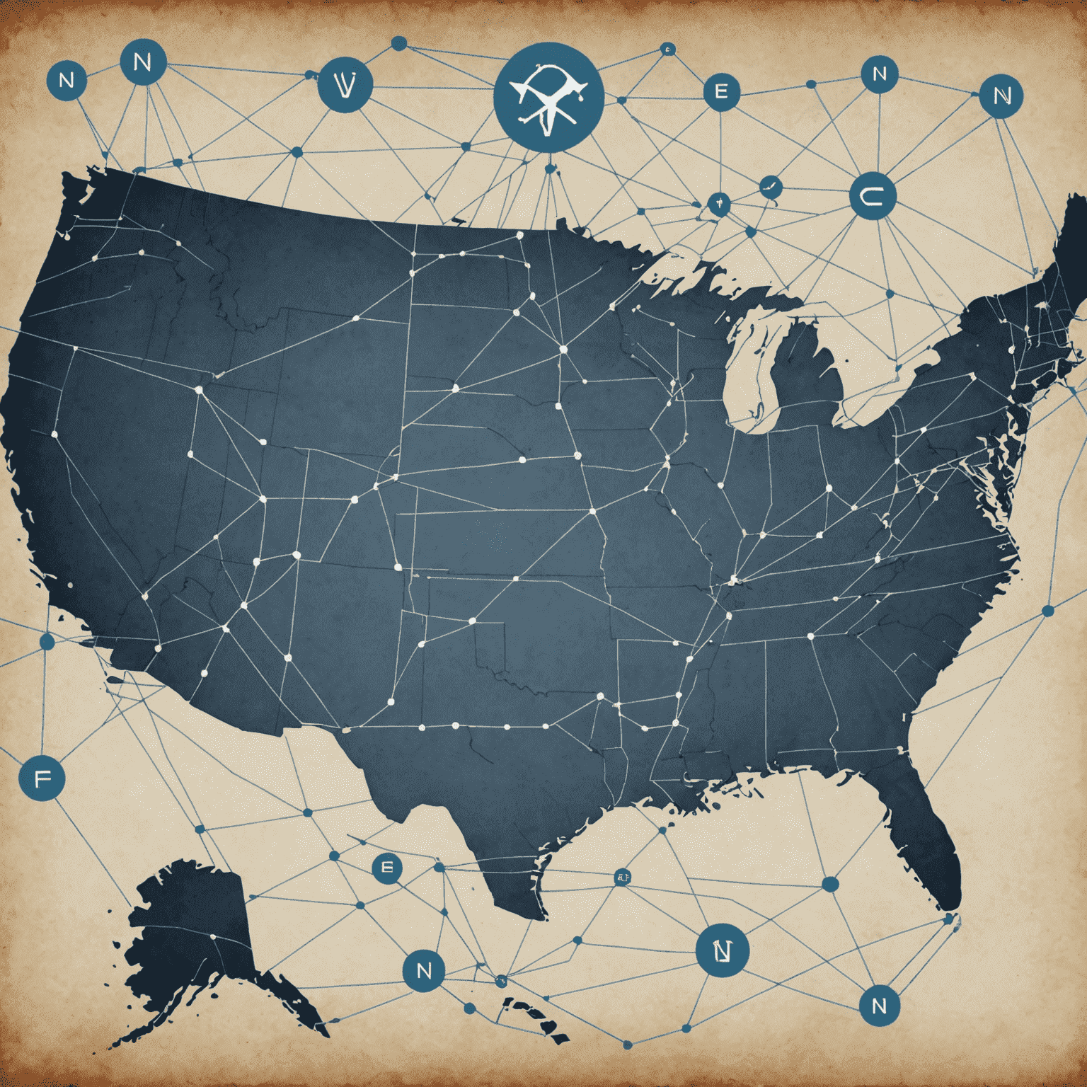 A map of the United States with network connections overlaid, symbolizing a US-based VPN service