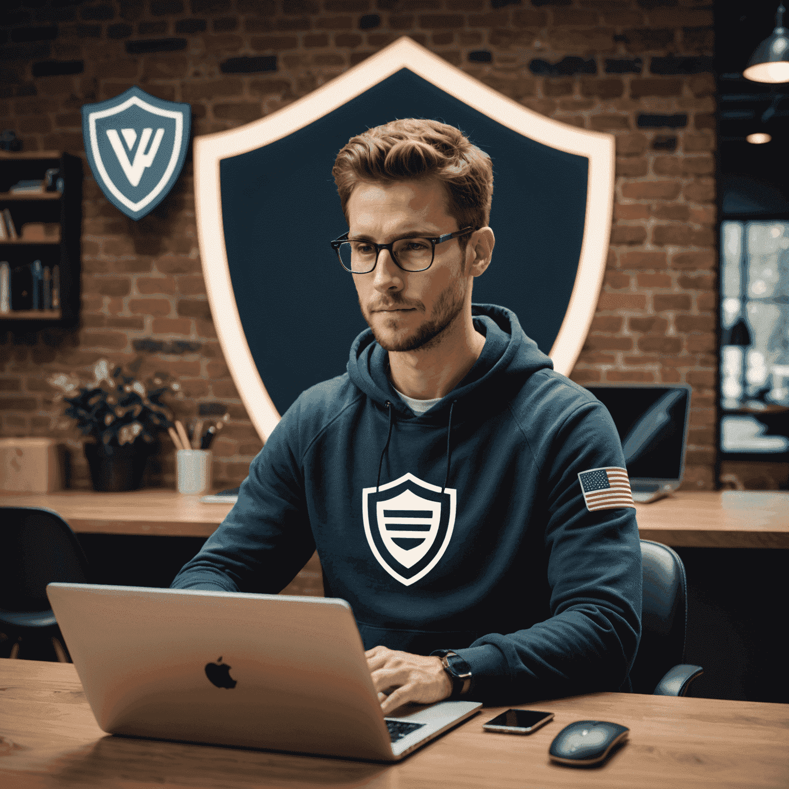 A person using a laptop with a shield icon overlay, representing the protection offered by a US-based VPN service