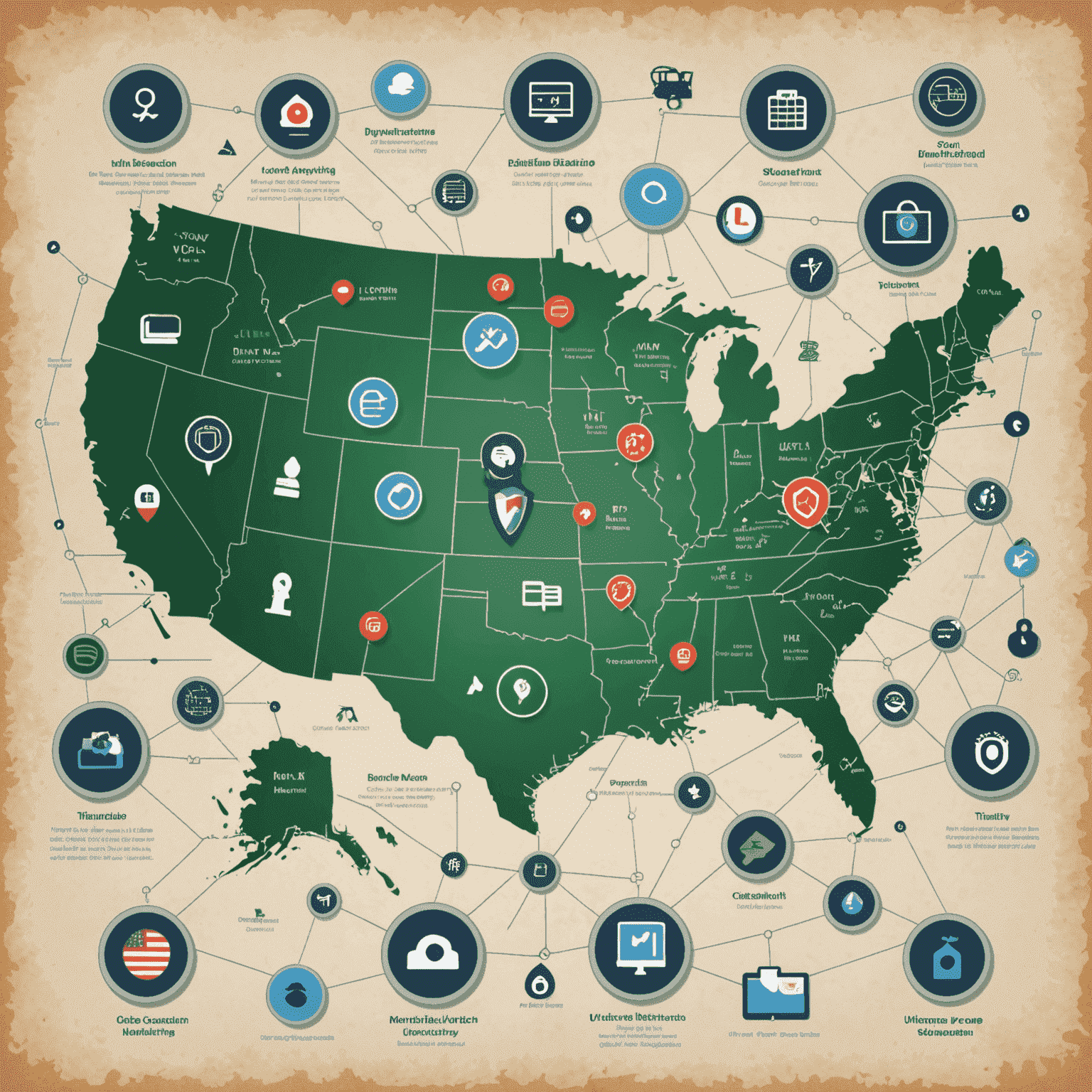 Map of the United States with VPN server locations highlighted, surrounded by privacy and security icons