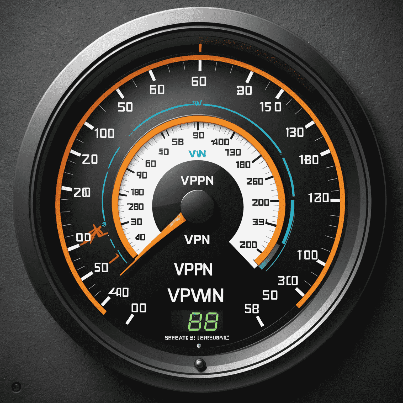 A speedometer with a VPN logo, showing increased speed while maintaining security locks